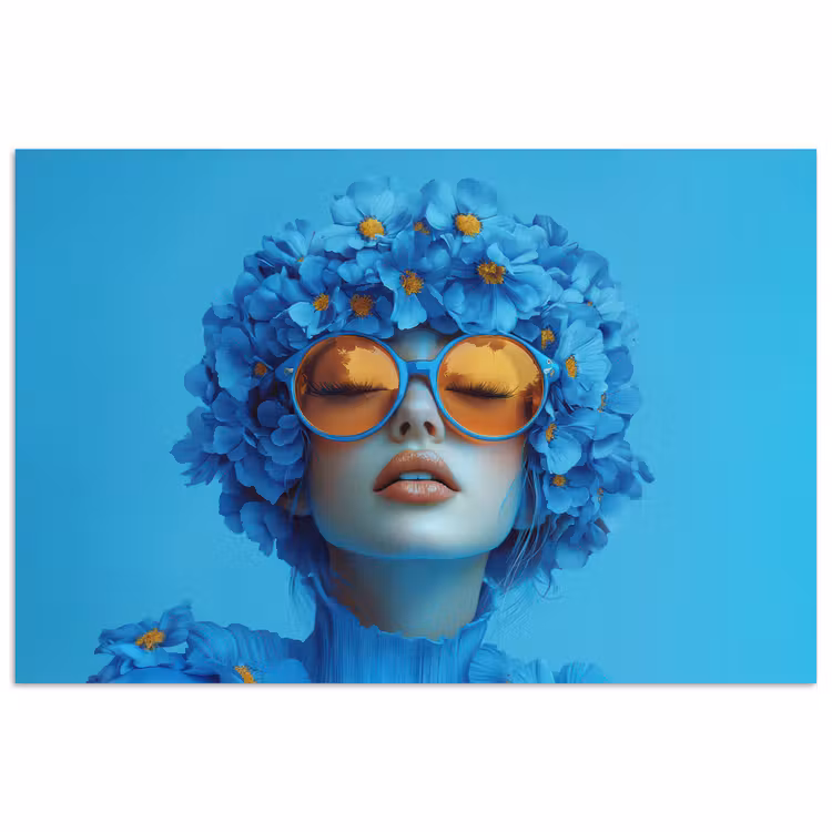 Vrouw - Bloem - Blauw - Modern - Bril - Portret poster papier klein -3d