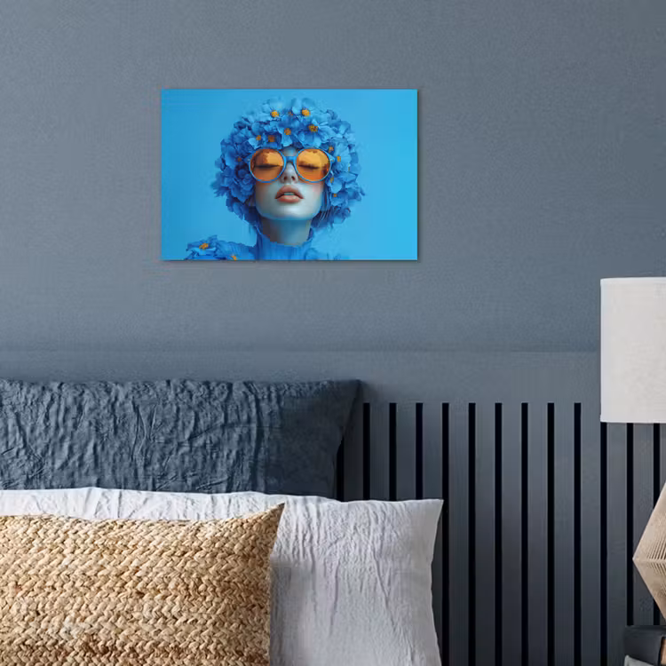 Vrouw - Bloem - Blauw - Modern - Bril - Portret poster papier klein -sfeer2