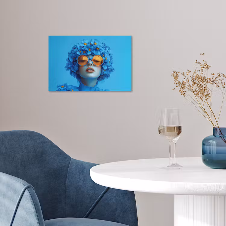 Vrouw - Bloem - Blauw - Modern - Bril - Portret poster papier klein -sfeer3