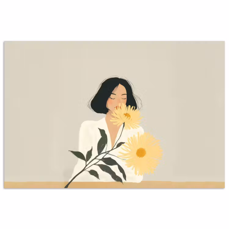 Vrouw - Bloem - Geel - Minimalistisch poster papier klein -3d