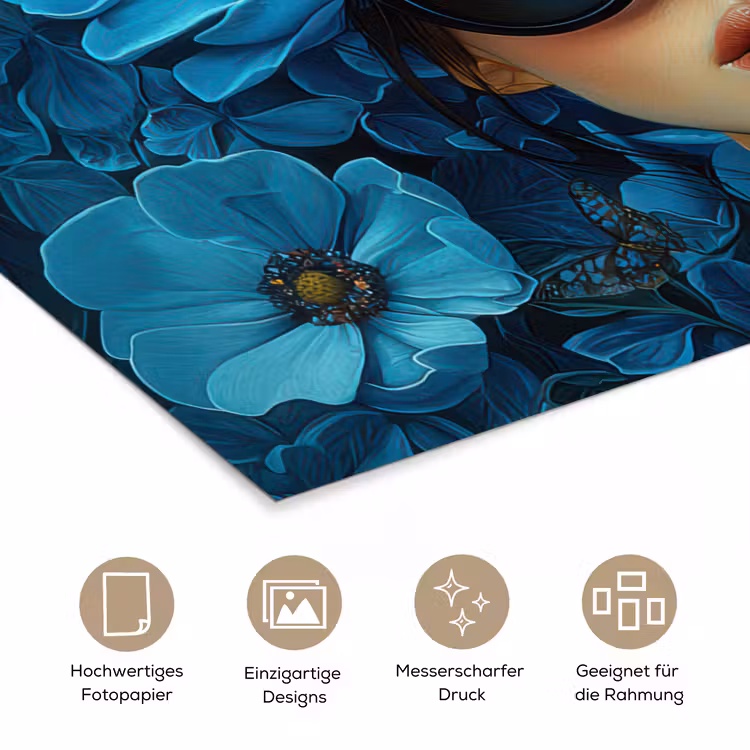 Vrouw - Bloemen - Blauw - Aesthetic - Luxe poster papier klein -tcloseup_DE