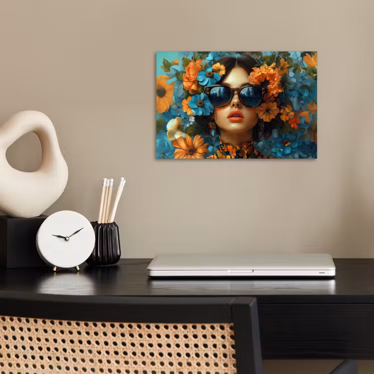 Vrouw - Bloemen - Oranje - Blauw - Modern poster papier klein -sfeer1