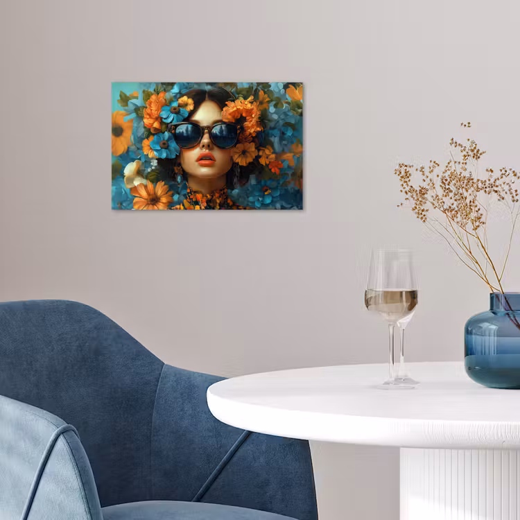 Vrouw - Bloemen - Oranje - Blauw - Modern poster papier klein -sfeer3