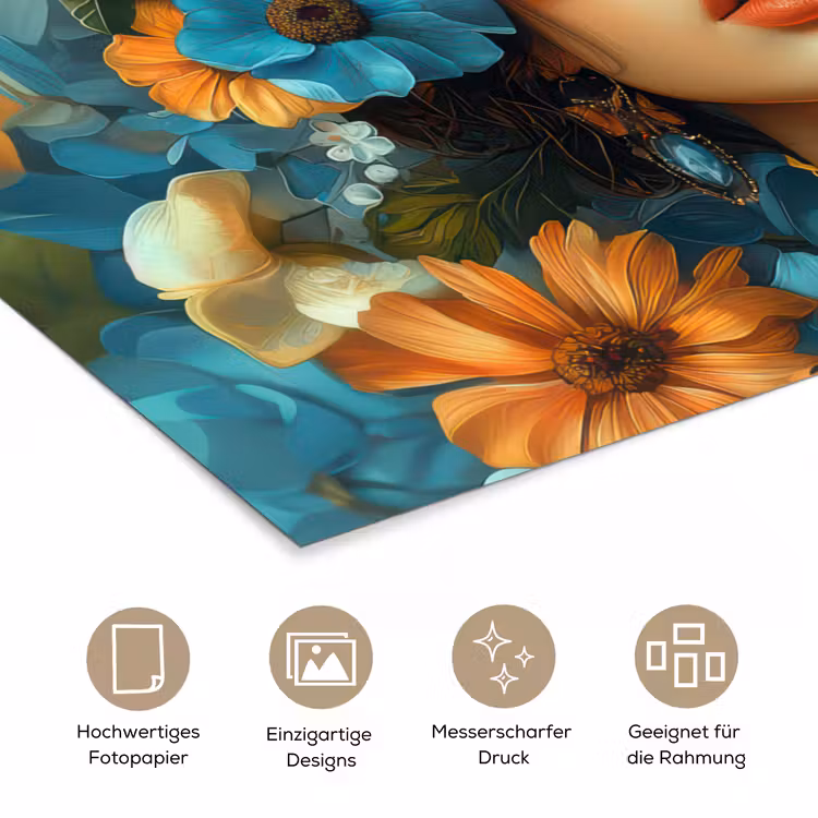 Vrouw - Bloemen - Oranje - Blauw - Modern poster papier klein -tcloseup_DE