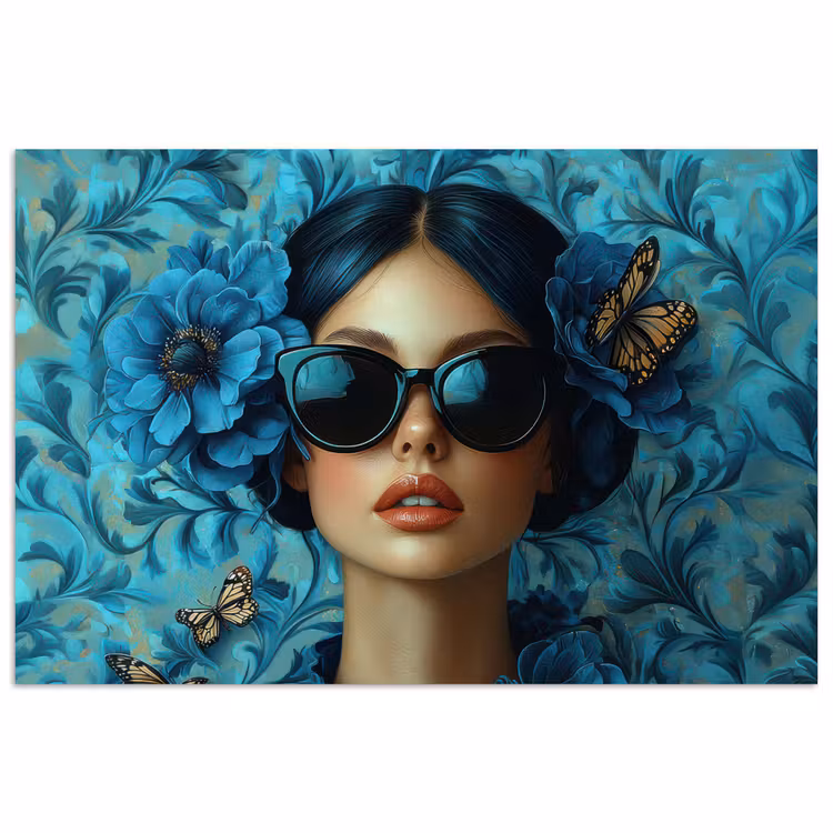 Vrouw - Bloemen - Vlinders - Blauw - Abstract poster papier klein -3d