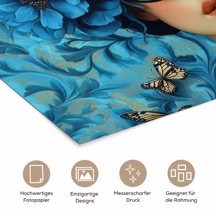 Vrouw - Bloemen - Vlinders - Blauw - Abstract poster papier klein -tcloseup_DE