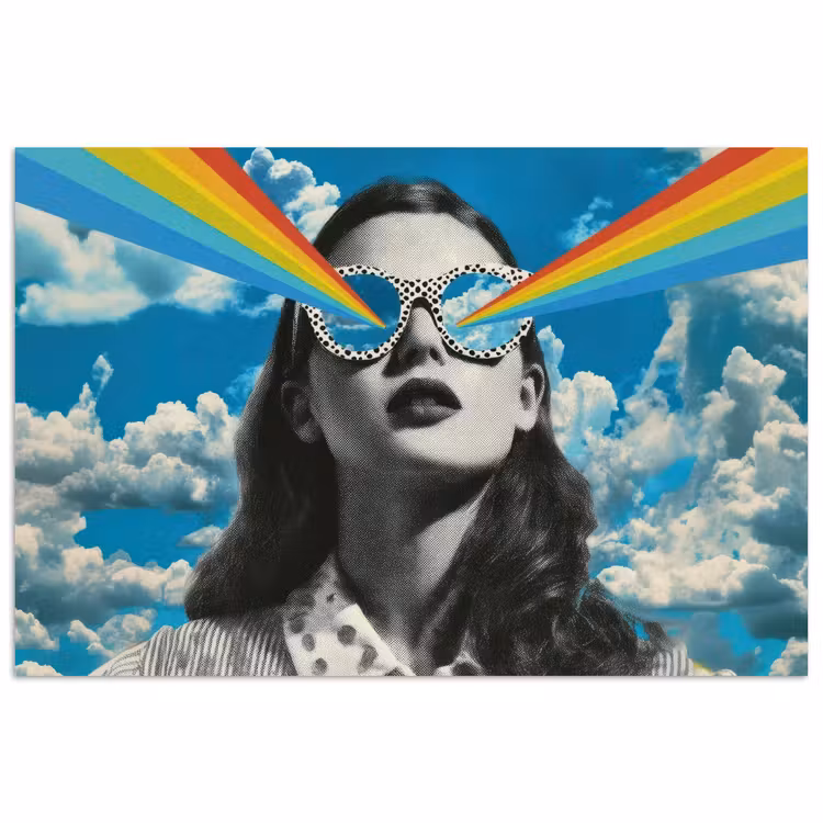 Vrouw - Bril - Regenboog - Wolken poster papier klein -3d