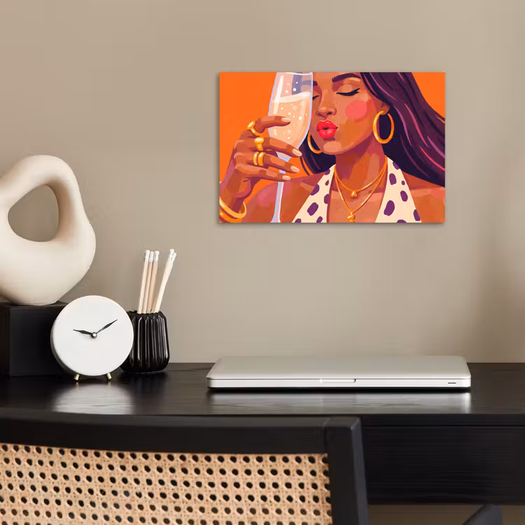 Vrouw - Champagne - Feest - Modern - Oranje poster papier klein -sfeer1