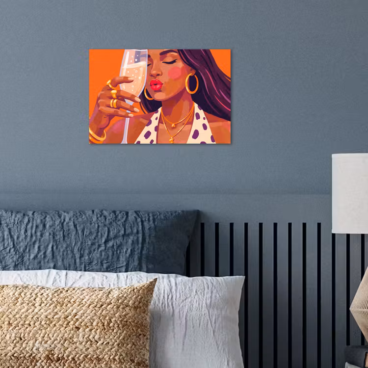 Vrouw - Champagne - Feest - Modern - Oranje poster papier klein -sfeer2
