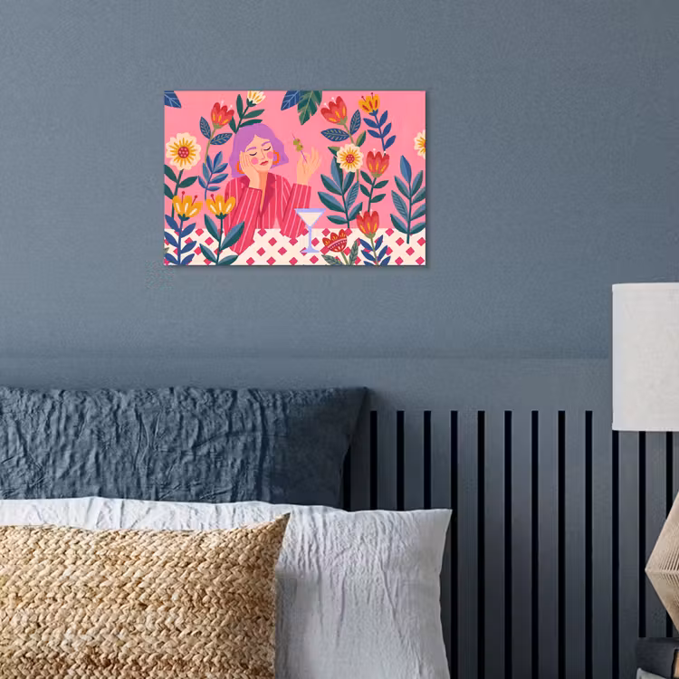 Vrouw - Cocktail - Bloemen - Modern - Roze poster papier klein -sfeer2