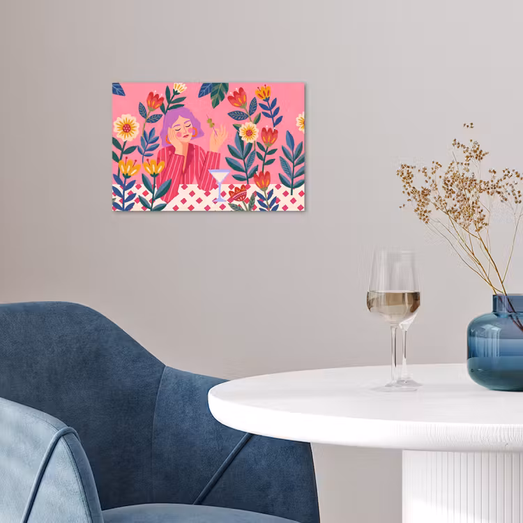 Vrouw - Cocktail - Bloemen - Modern - Roze poster papier klein -sfeer3