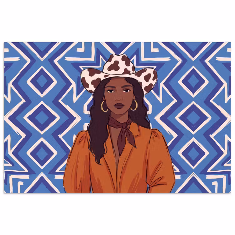 Vrouw - Cowboyhoed - Portret - Modern - Blauw poster papier klein -3d