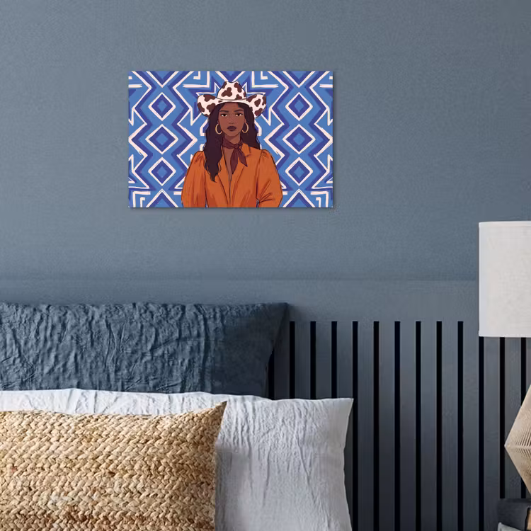 Vrouw - Cowboyhoed - Portret - Modern - Blauw poster papier klein -sfeer2