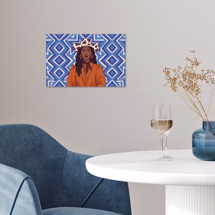 Vrouw - Cowboyhoed - Portret - Modern - Blauw poster papier klein -sfeer3