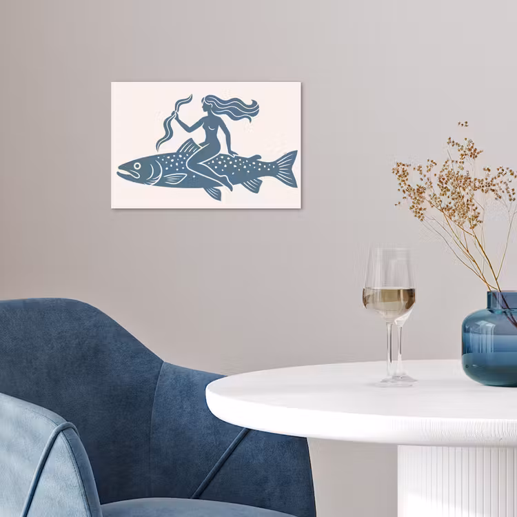 Vrouw - Vis - Fantasie - Abstract - Blauw poster papier klein -sfeer3