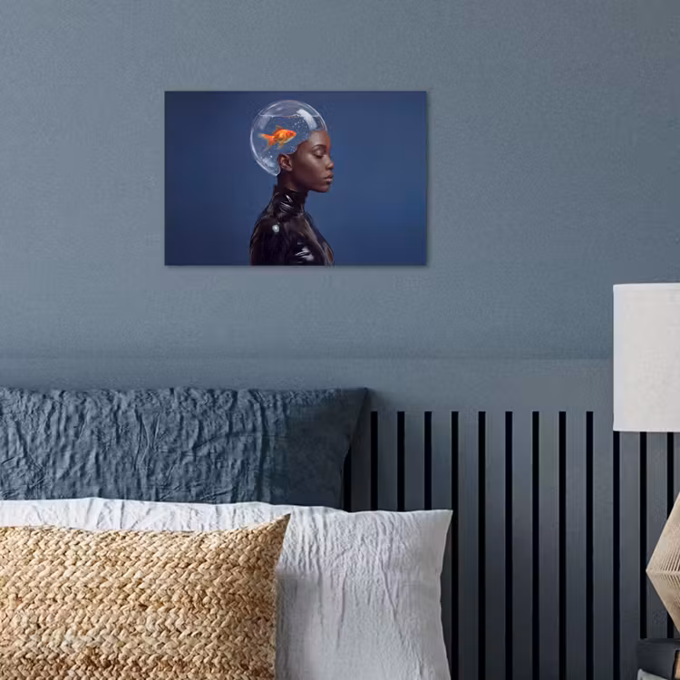 Vrouw - Goudvis - Hoofd - Abstract - Blauw poster papier klein -sfeer2