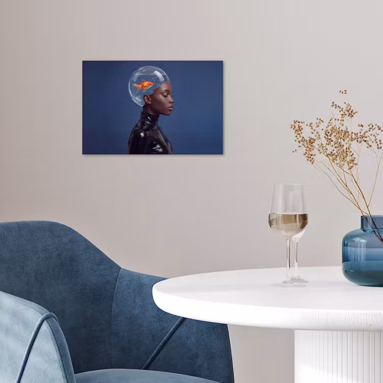 Vrouw - Goudvis - Hoofd - Abstract - Blauw poster papier klein -sfeer3