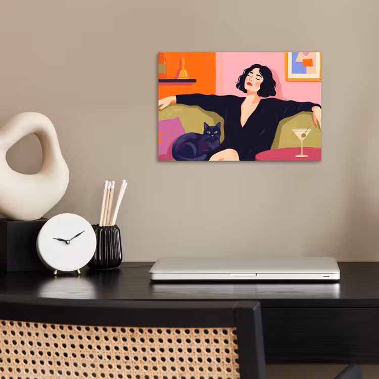 Vrouw - Kat - Interieur - Modern - Kleurrijk poster papier klein -sfeer1