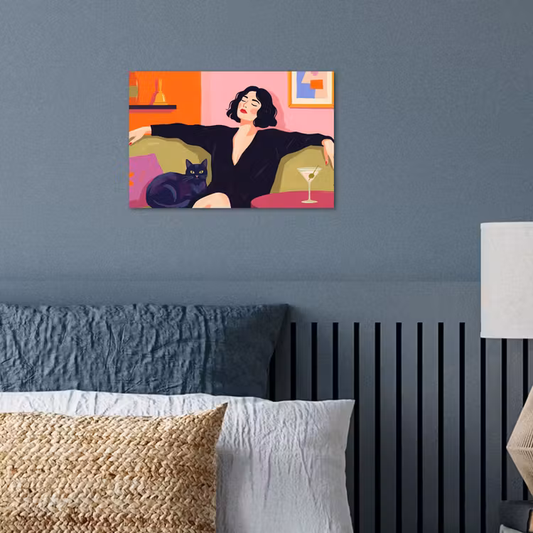 Vrouw - Kat - Interieur - Modern - Kleurrijk poster papier klein -sfeer2