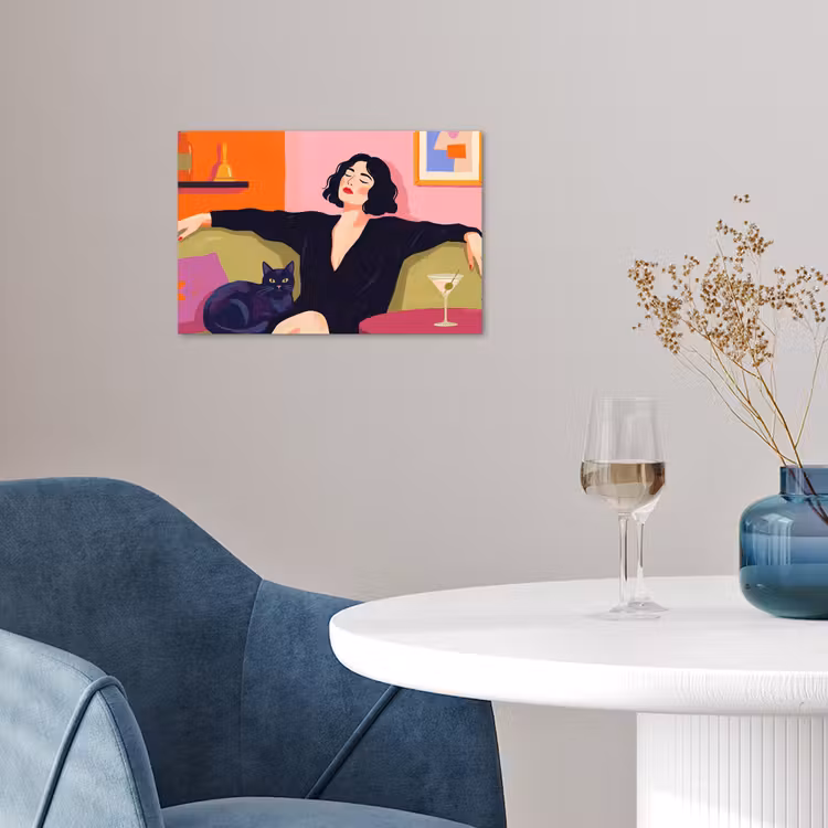 Vrouw - Kat - Interieur - Modern - Kleurrijk poster papier klein -sfeer3