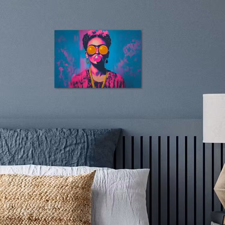 Vrouw - Kauwgom - Zonnebril - Oranje poster papier klein -sfeer2