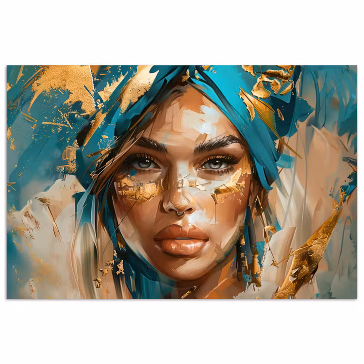 Vrouw - Portret - Goud - Luxe - Blauw poster papier klein -3d