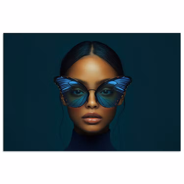 Vrouw - Vlinder - Bril - Blauw - Modern - Portret poster papier klein -3d