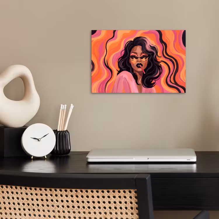 Vrouw - Zonnebril - Modern - Portret - Oranje poster papier klein -sfeer1