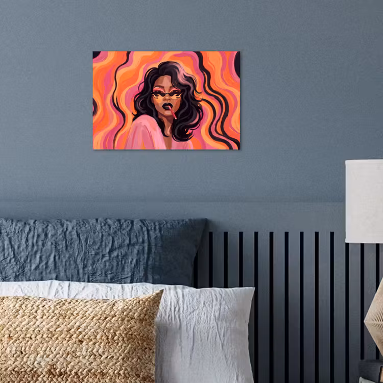 Vrouw - Zonnebril - Modern - Portret - Oranje poster papier klein -sfeer2