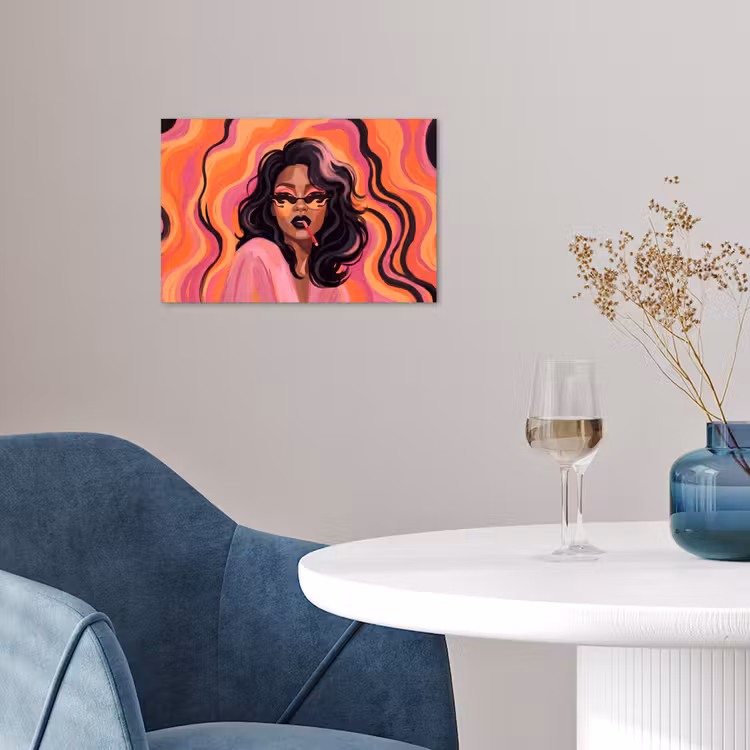 Vrouw - Zonnebril - Modern - Portret - Oranje poster papier klein -sfeer3