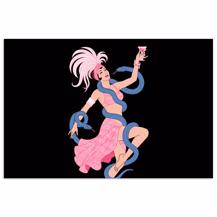 Vrouw - Danseres - Slangen - Art Deco - Roze poster papier klein -3d