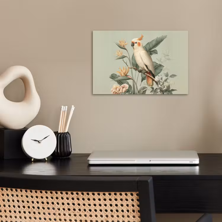 Gele kuifkaketoe - paradijsvogelbloemen - Groen poster papier klein -sfeer1