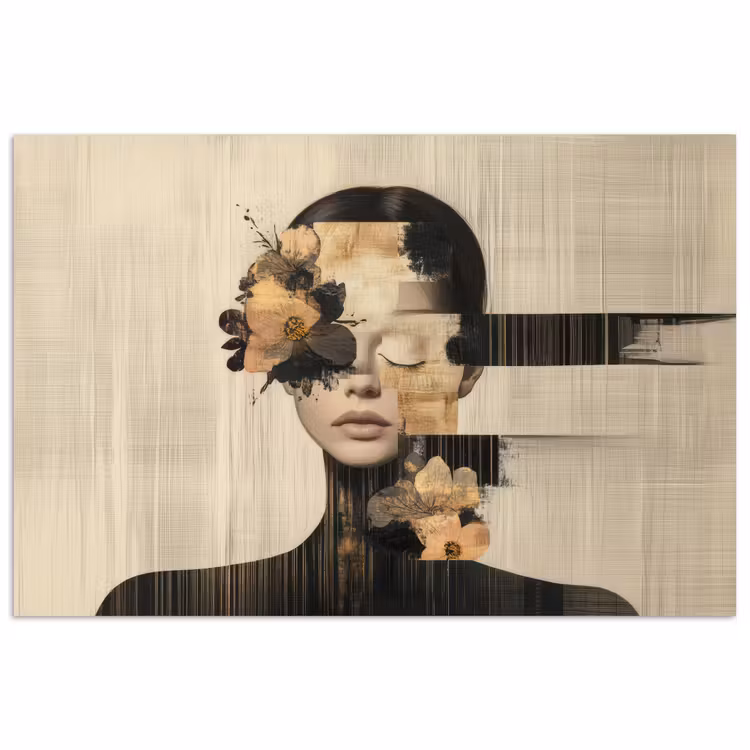 Gezicht - Bloemen - Zwart - Vrouw poster papier klein -3d