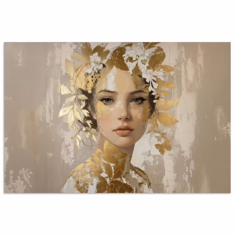 Gezicht - Vrouw - Bladeren - Goud poster papier klein -3d