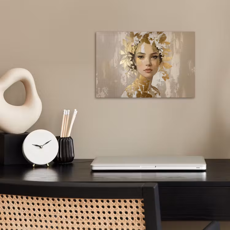 Gezicht - Vrouw - Bladeren - Goud poster papier klein -sfeer1