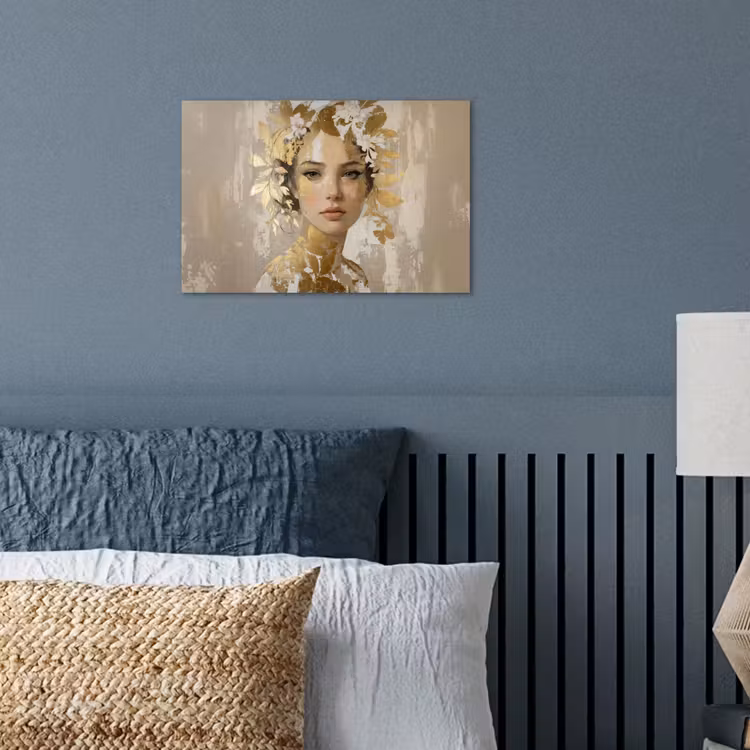 Gezicht - Vrouw - Bladeren - Goud poster papier klein -sfeer2