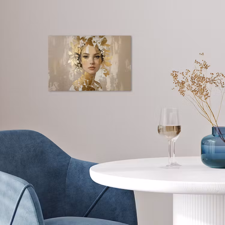 Gezicht - Vrouw - Bladeren - Goud poster papier klein -sfeer3