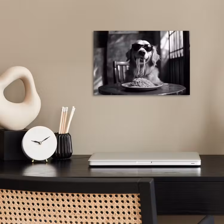 Golden Retriever - Hond - Vrolijk - Bord spaghetti - Zwart - wit poster papier klein -sfeer1