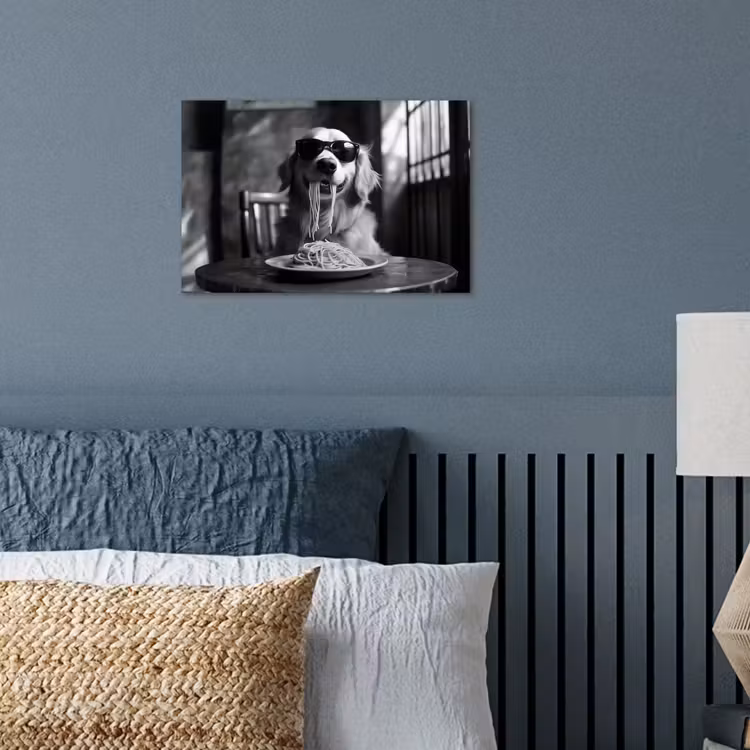Golden Retriever - Hond - Vrolijk - Bord spaghetti - Zwart - wit poster papier klein -sfeer2