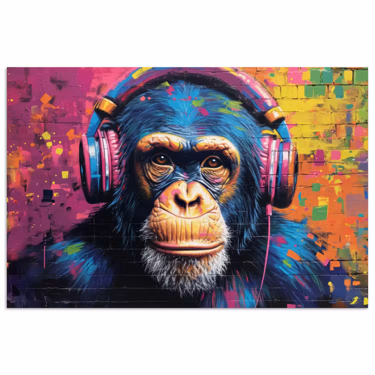 Graffiti - Chimpanzee - Street art - Koptelefoon - Aap poster papier klein -3d