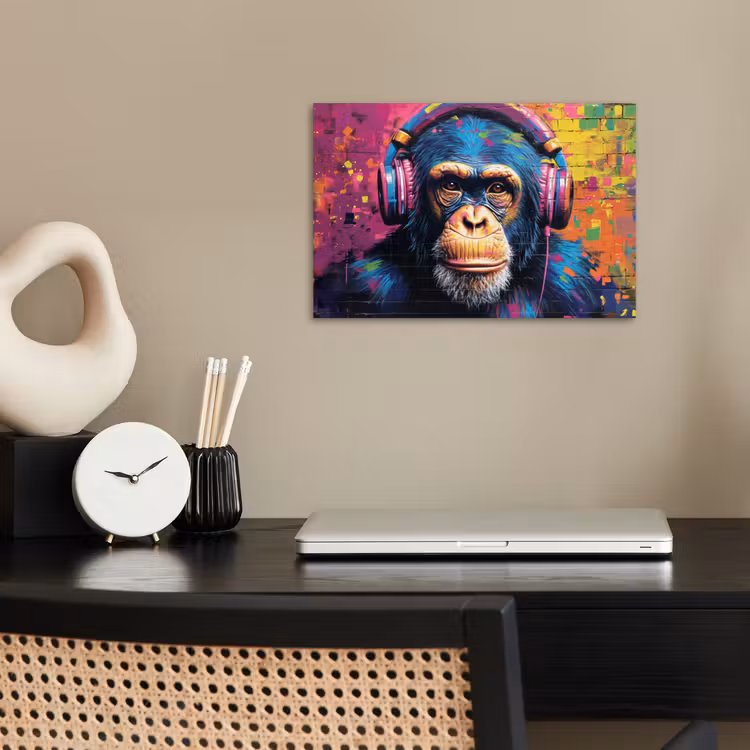 Graffiti - Chimpanzee - Street art - Koptelefoon - Aap poster papier klein -sfeer1