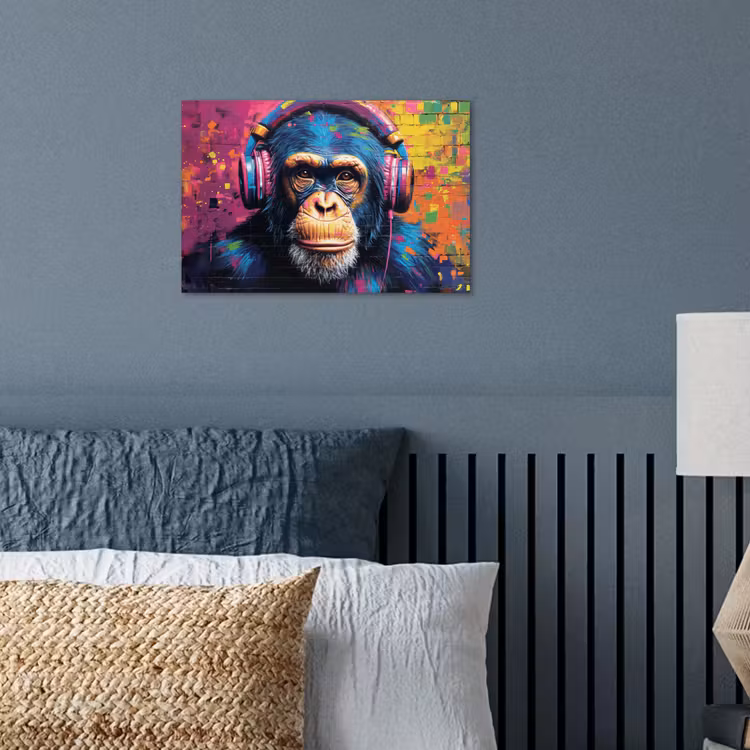Graffiti - Chimpanzee - Street art - Koptelefoon - Aap poster papier klein -sfeer2