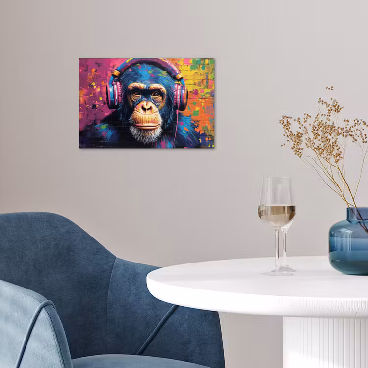 Graffiti - Chimpanzee - Street art - Koptelefoon - Aap poster papier klein -sfeer3