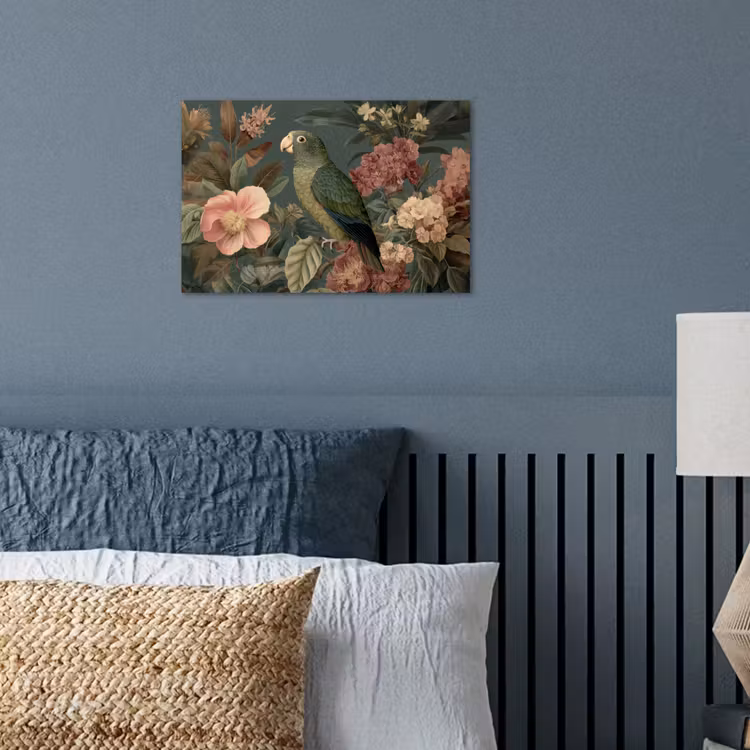 Groene papegaai - Kleurrijke bloemen - Donkere achtergrond poster papier klein -sfeer2