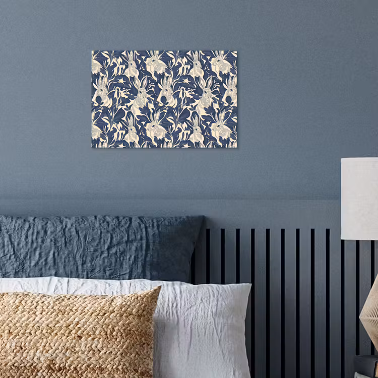 Hazen - Bladeren - Patroon - Blauw - Beige poster papier klein 62 -sfeer2