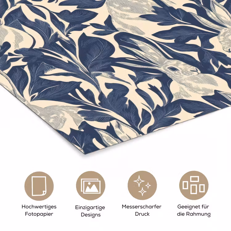 Hazen - Bladeren - Patroon - Blauw - Beige poster papier klein 62 -tcloseup_DE