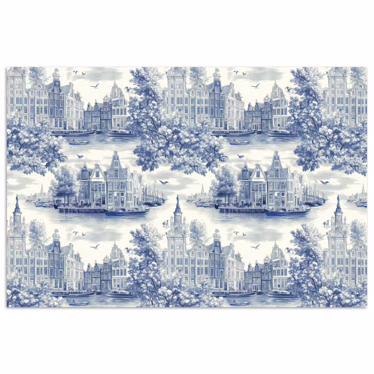 Huizen - Bomen - Water - Vogels - Blauw poster papier klein 62 -3d