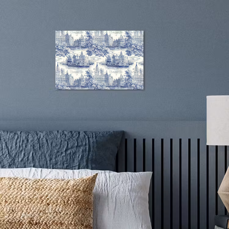 Huizen - Bomen - Water - Vogels - Blauw poster papier klein 62 -sfeer2