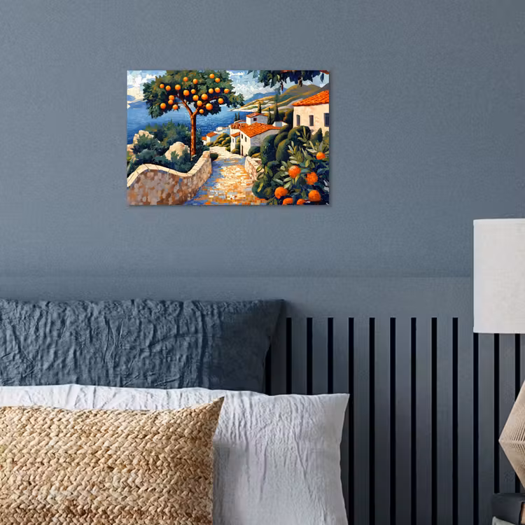 Huizen - Mozaïek - Sinaasappelbomen - Zee poster papier klein -sfeer2