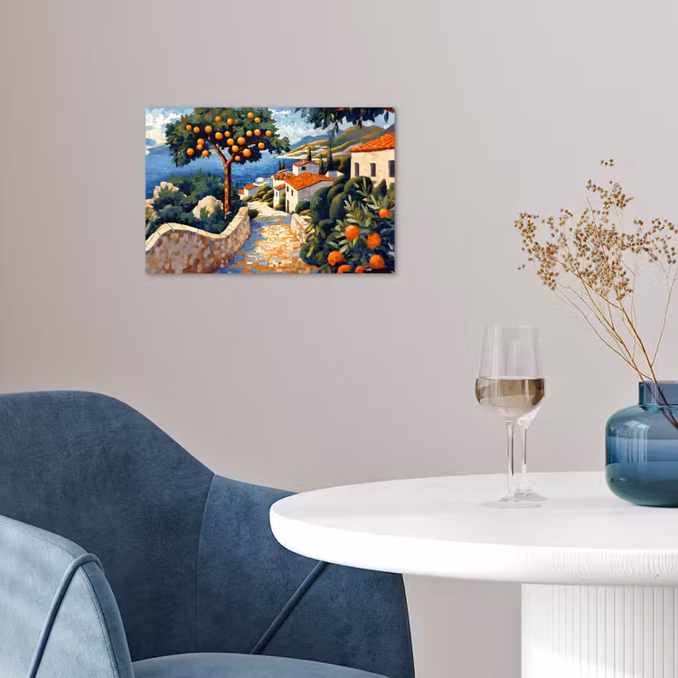 Huizen - Mozaïek - Sinaasappelbomen - Zee poster papier klein -sfeer3